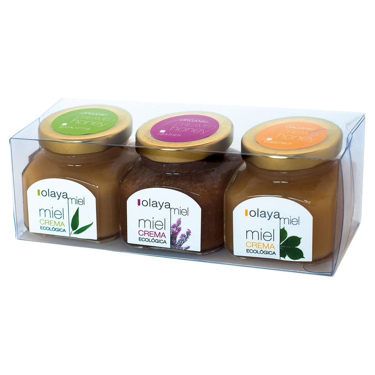 Olaya Organic Honey Trio – Eucalyptus, Chestnut & Heather 450g