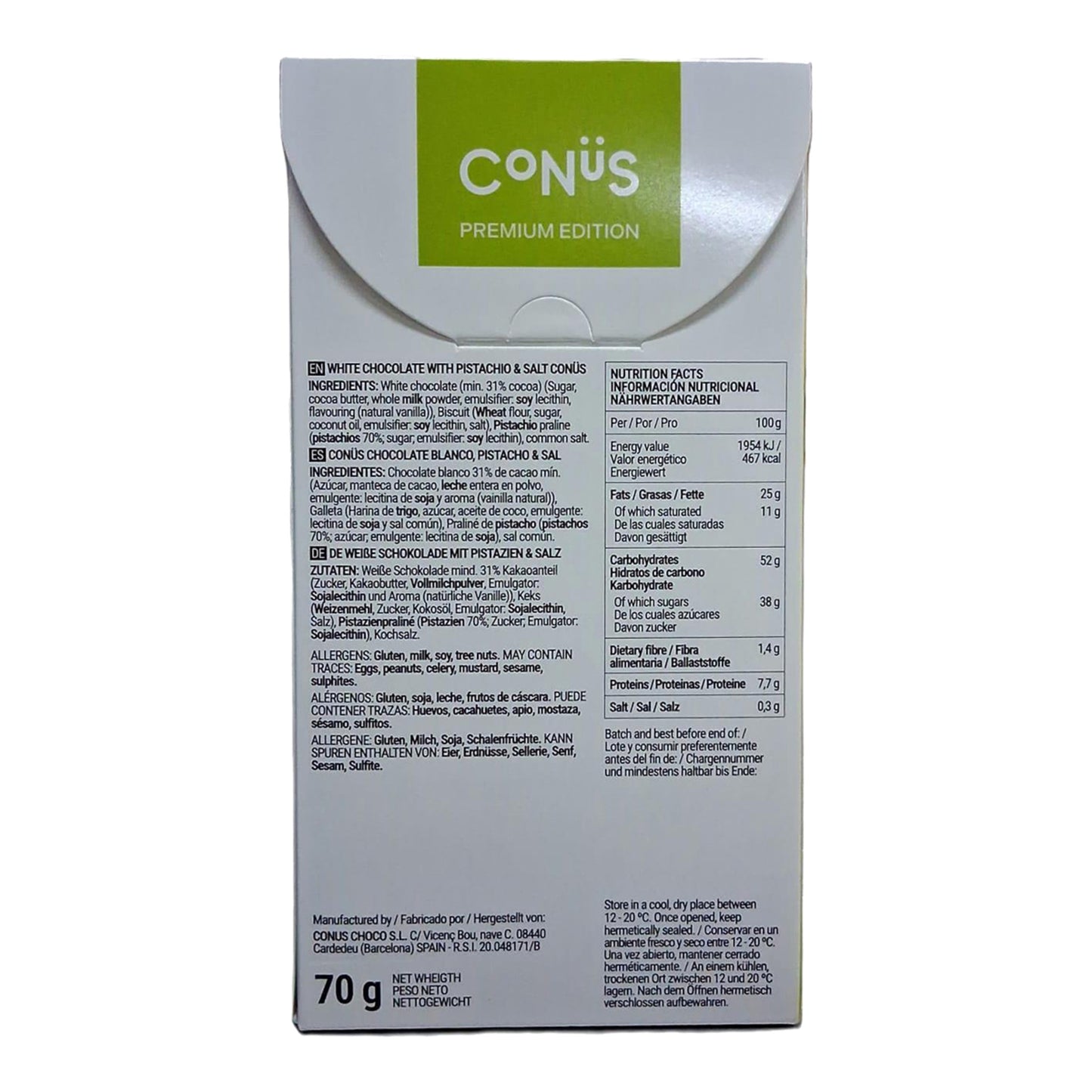 Conüs White Chocolate, Pistachio & Sea Salt Bonbons – Spanish Confection 70g