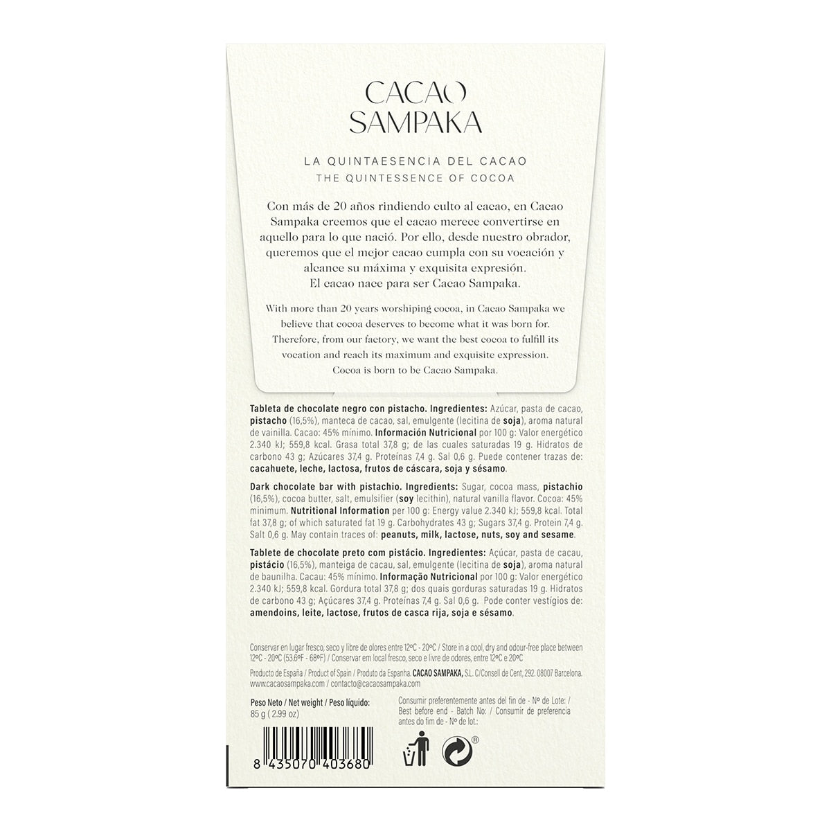 Cacao Sampaka Dark Chocolate with Pistachio and Sea Salt – 75g