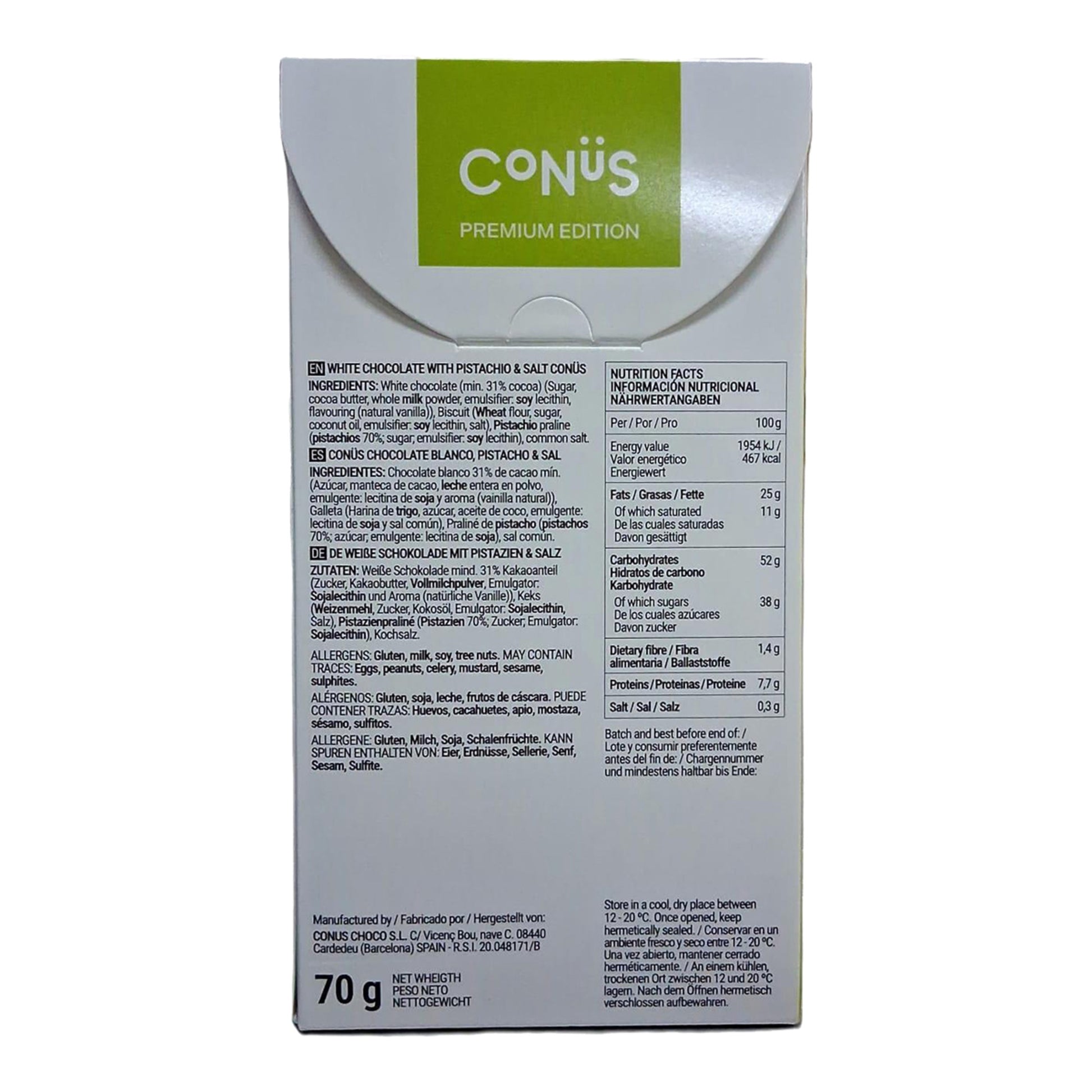 Conüs White Chocolate, Pistachio & Sea Salt Bonbons – Spanish Confection 70g