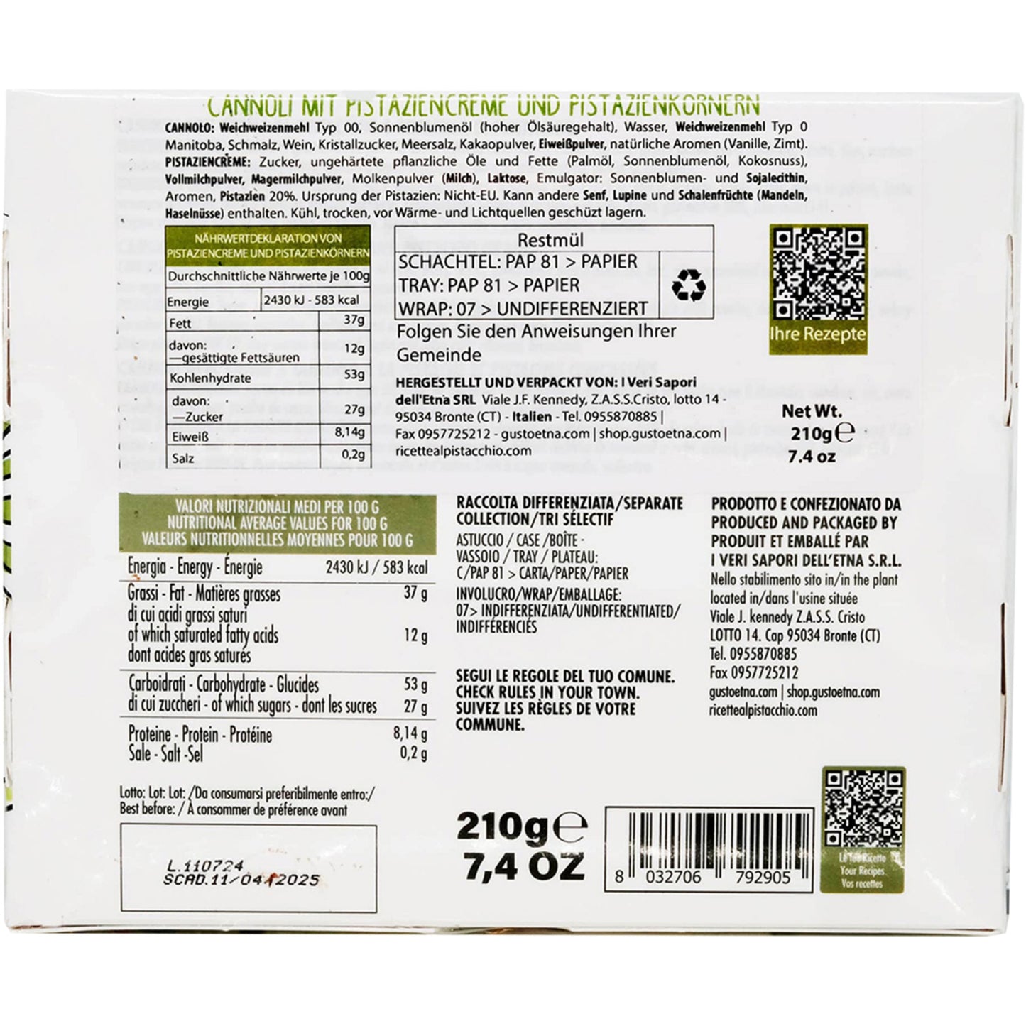 Gusto Etna Pistachio Cannoli – Sicilian Pastry Shells 210g