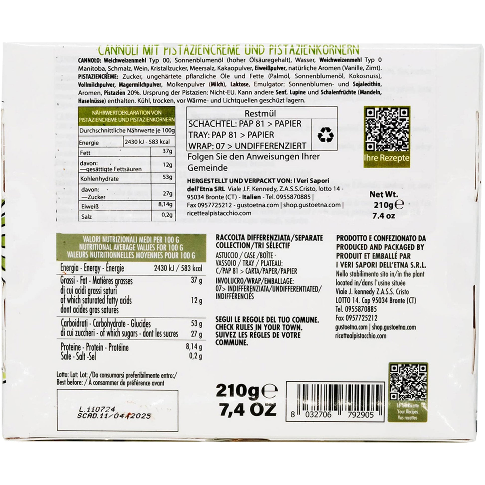 Gusto Etna Pistachio Cannoli – Sicilian Pastry Shells 210g