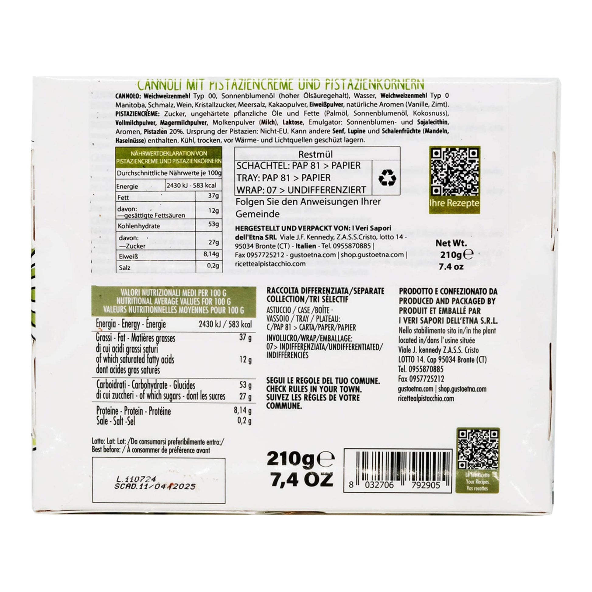 Gusto Etna Pistachio Cannoli – Sicilian Pastry Shells 210g