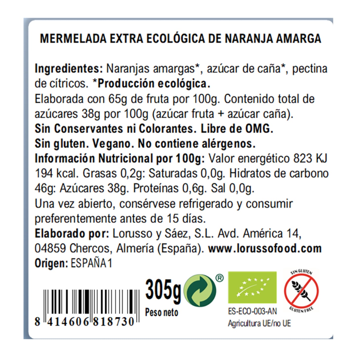 Lorusso Organic Bitter Orange Marmalade – Spanish Extra Jam 305g