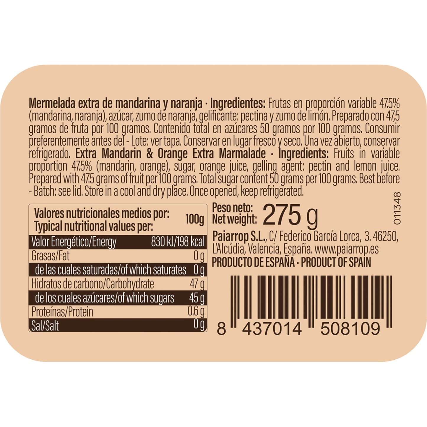 Paiarrop Mandarin & Orange Jam – Spanish Marmalade 275g