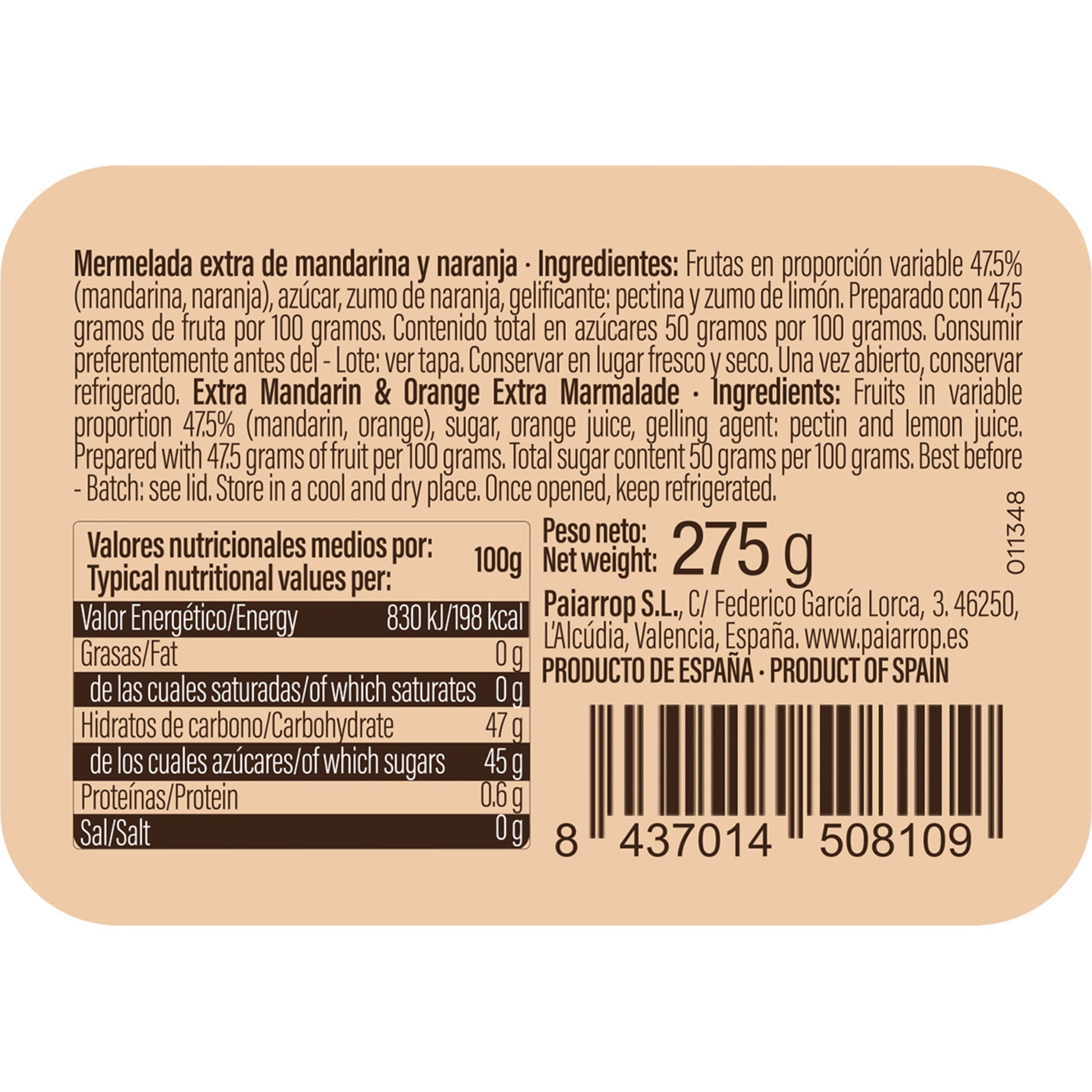 Paiarrop Mandarin & Orange Jam – Spanish Marmalade 275g