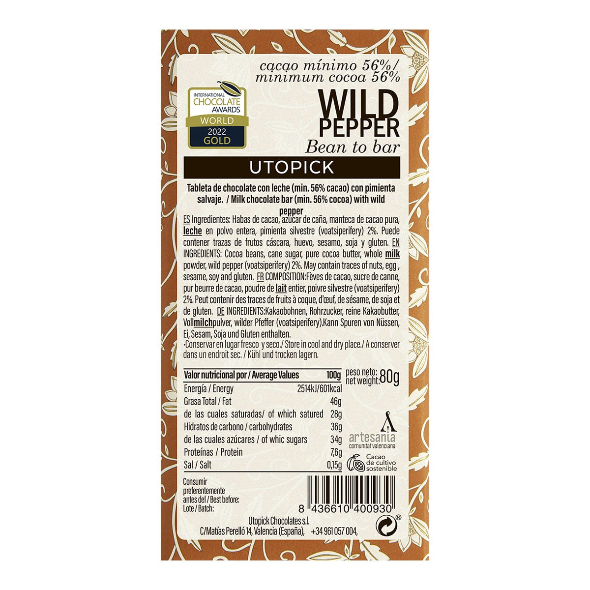 Utopick Wild Pepper Milk Chocolate – Spanish Bean-to-Bar 80g