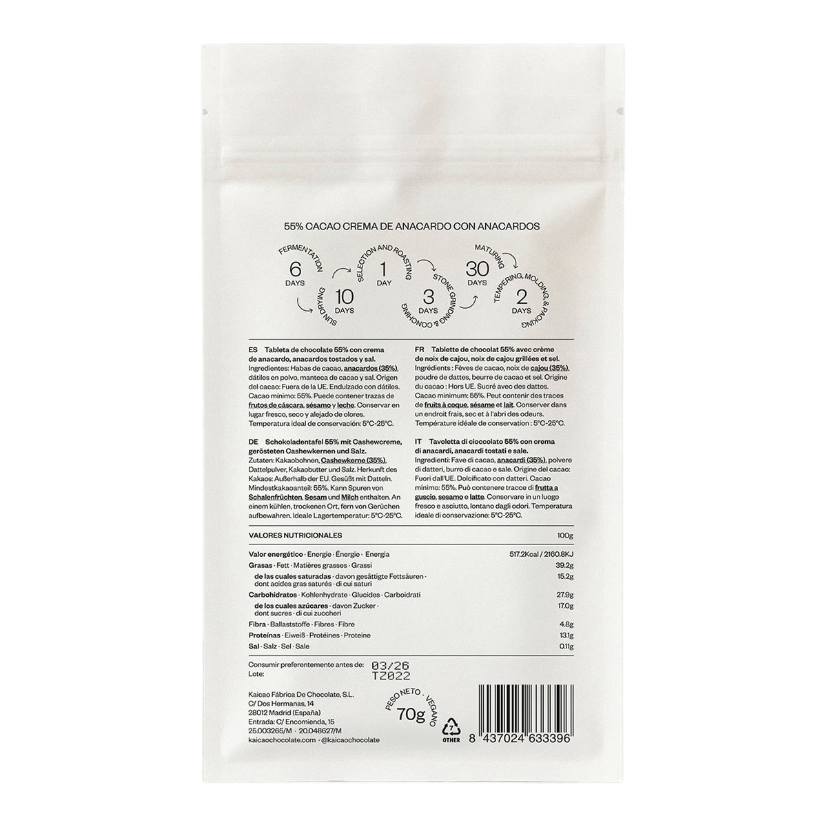Kaicao Dark Chocolate 55% – Cashew Cream & Sea Salt 70g