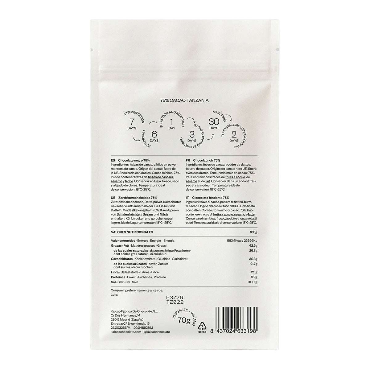 Kaicao Dark Chocolate 75% – Date-Sweetened Spanish Tablet 70g