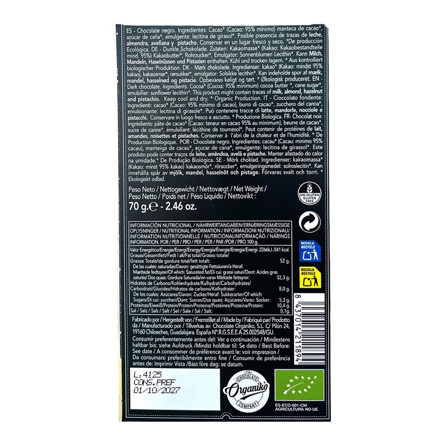 Chocolate Organiko Dark Chocolate 95% Cacao – Spanish Single-Origin 70g
