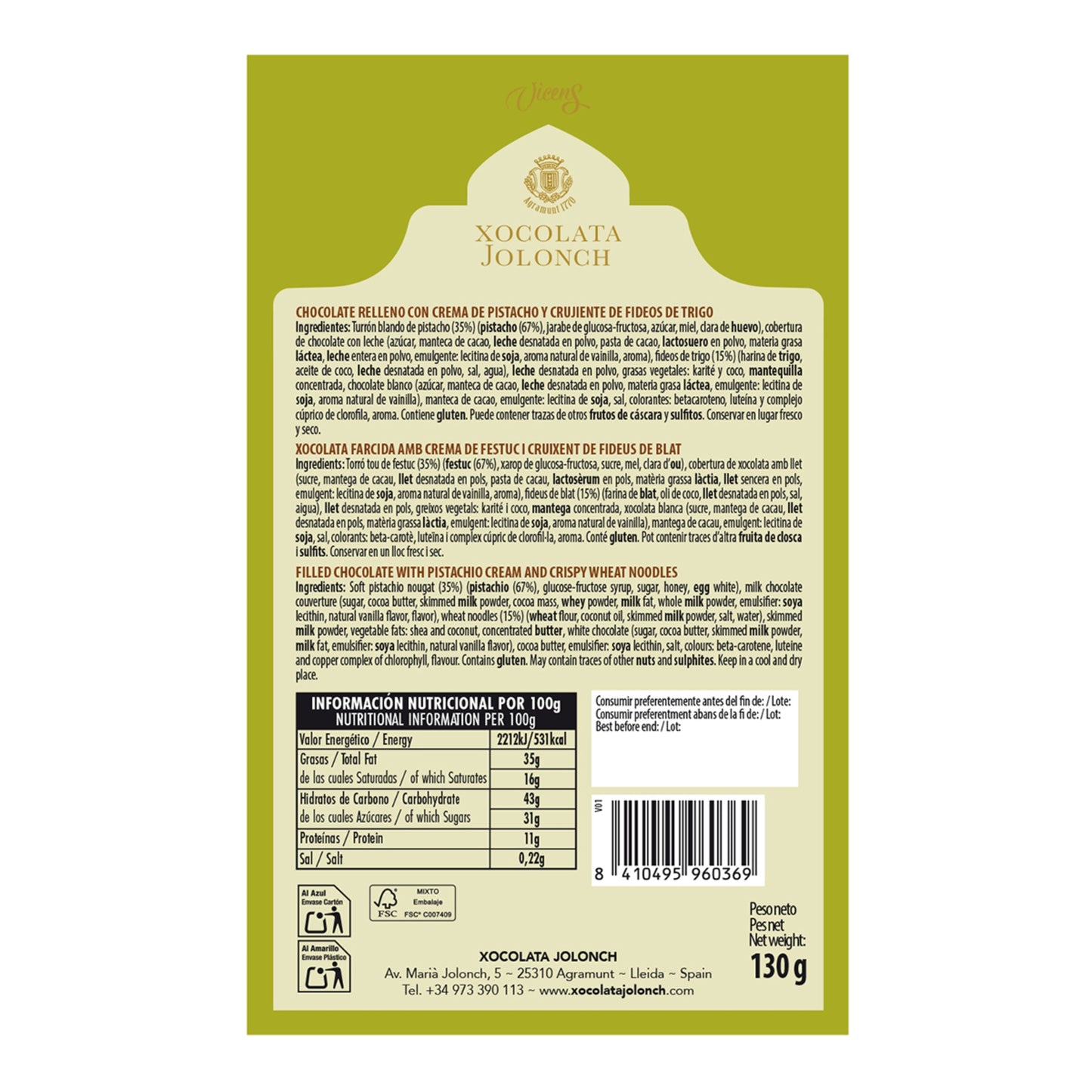 Jolonch Vicens Dubai Style Chocolate Tablet – Spanish Dark Chocolate 140g