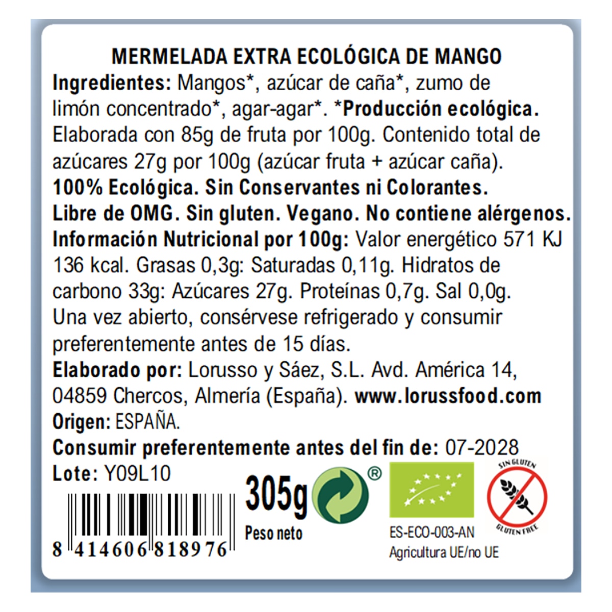 Lorusso Organic Mango Jam – Spanish Preserves 305g