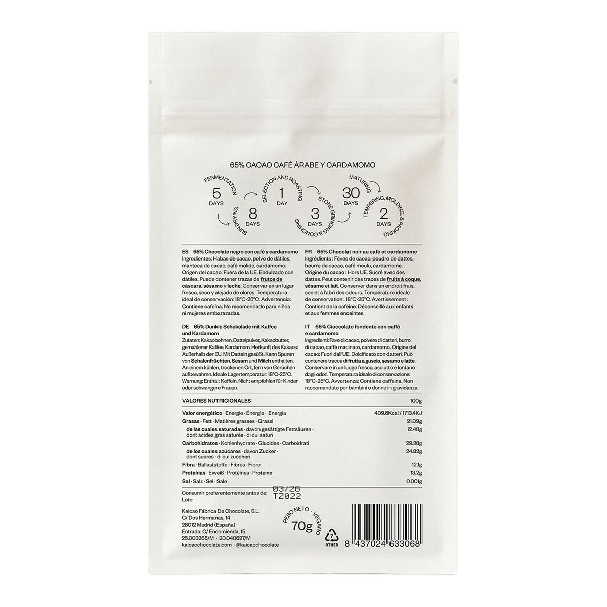 Kaicao Dark Chocolate 65% with Arabica Coffee & Cardamom – 70g